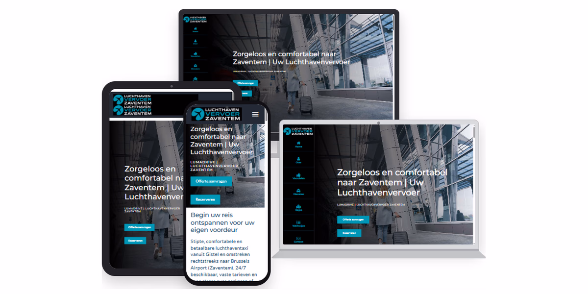 De website van Luchthavenvervoer Zaventem op desktop, laptop, tablet en smartphone