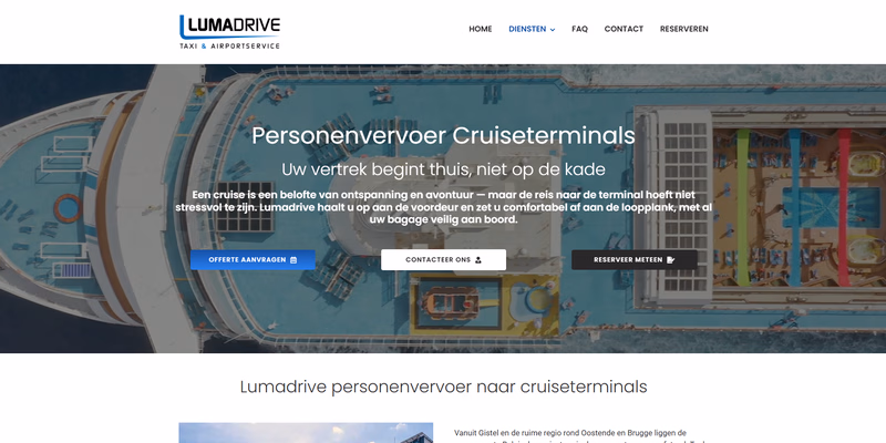 Pagina Personenvervoer Cruiseterminals van Lumadrive, met een cruiseschip van bovenaf als achtergrond