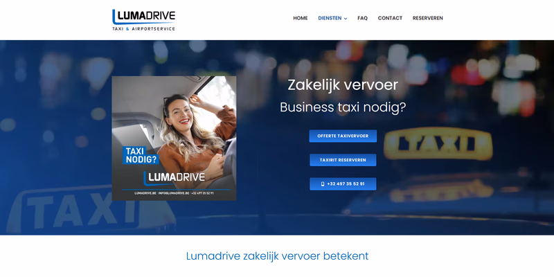 Pagina Zakelijk vervoer van Lumadrive, met beeld, titel en drie knoppen in evenwicht