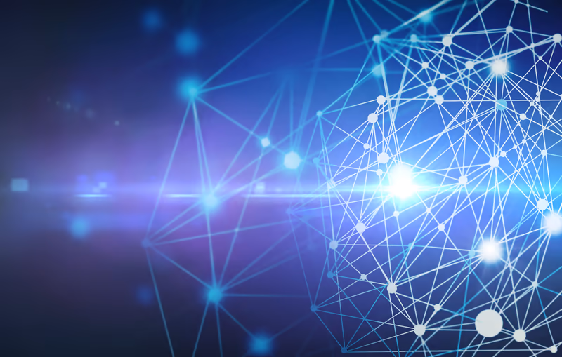 Een abstract netwerk van verbonden knooppunten: uw reputatie en vermeldingen als netwerk dat een AI-systeem herkent.
