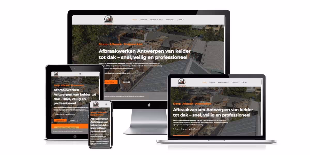 De website van Afbraakwerken Antwerpen op desktop, laptop, tablet en smartphone